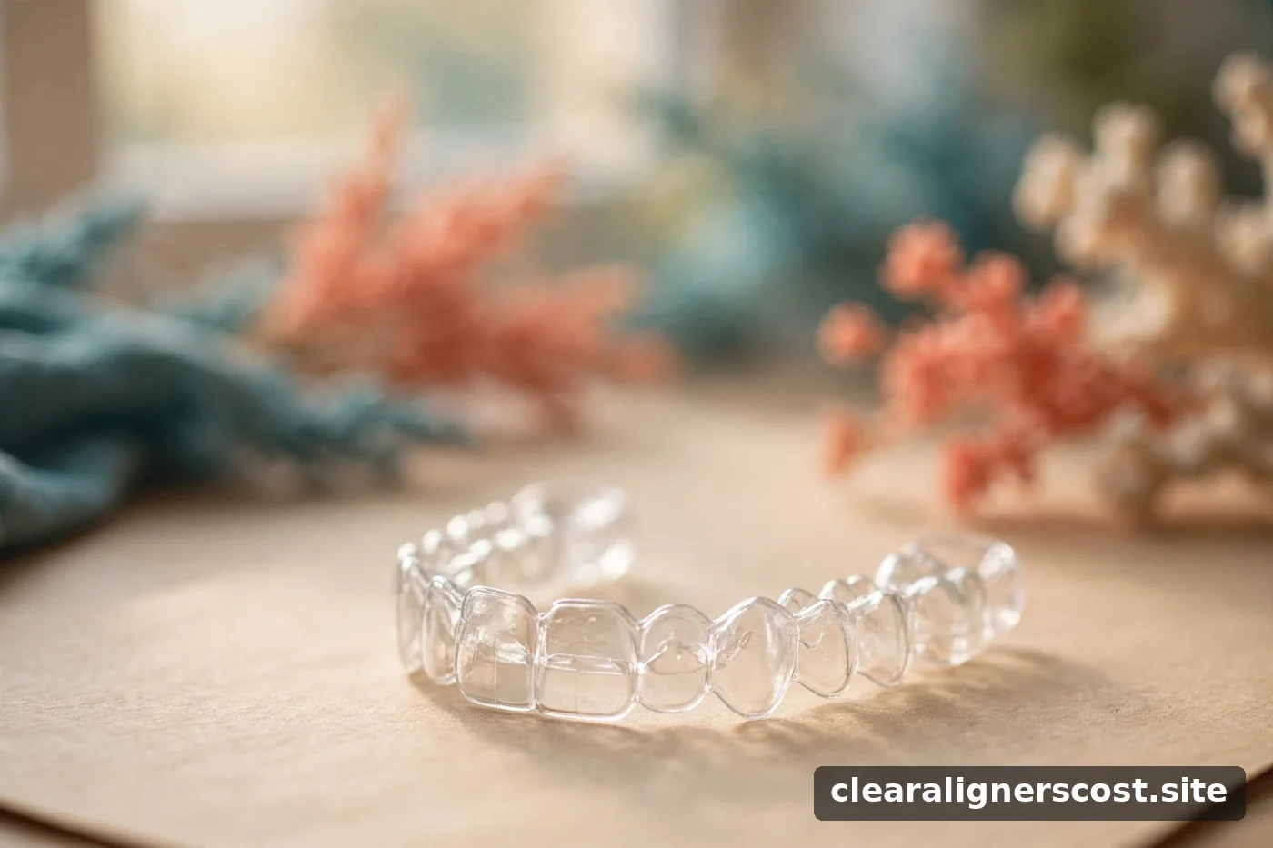 Clear aligner tray resting on a warm beige surface in soft daylight