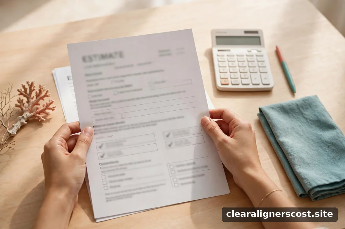 Person reviewing a dental treatment cost estimate document at a desk