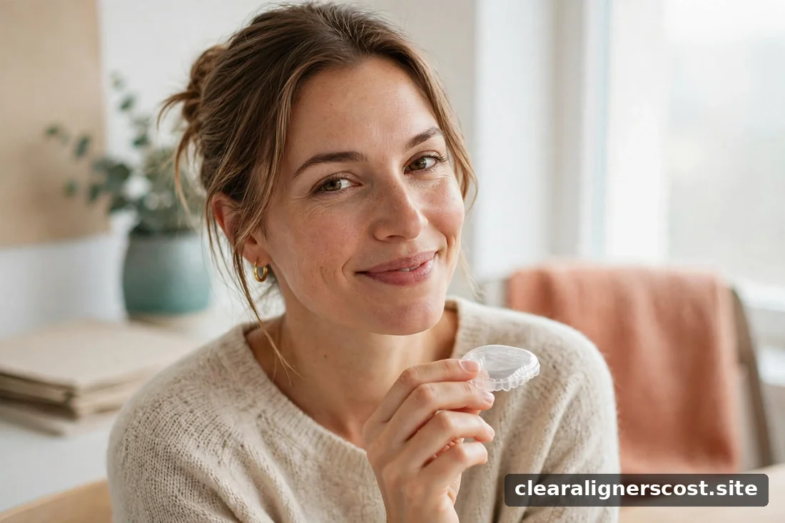 Smiling woman holding a clear aligner case in a bright modern room