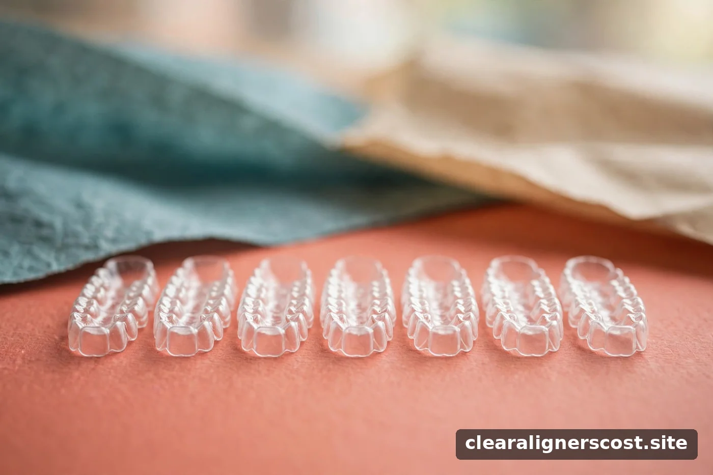 Row of clear dental aligner trays arranged on a coral-colored surface