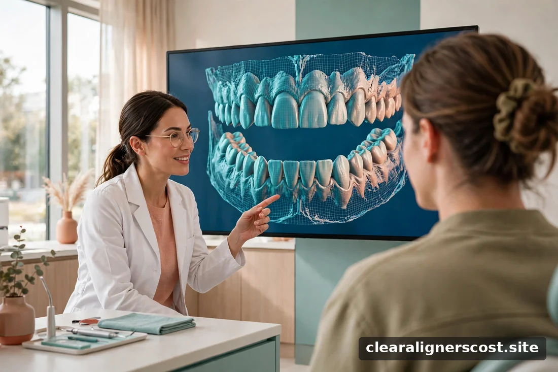 Orthodontist showing a patient a digital 3D scan of teeth on a screen