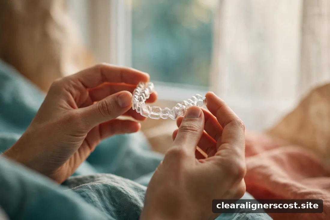 Close-up of hands holding a clear aligner tray against soft daylight