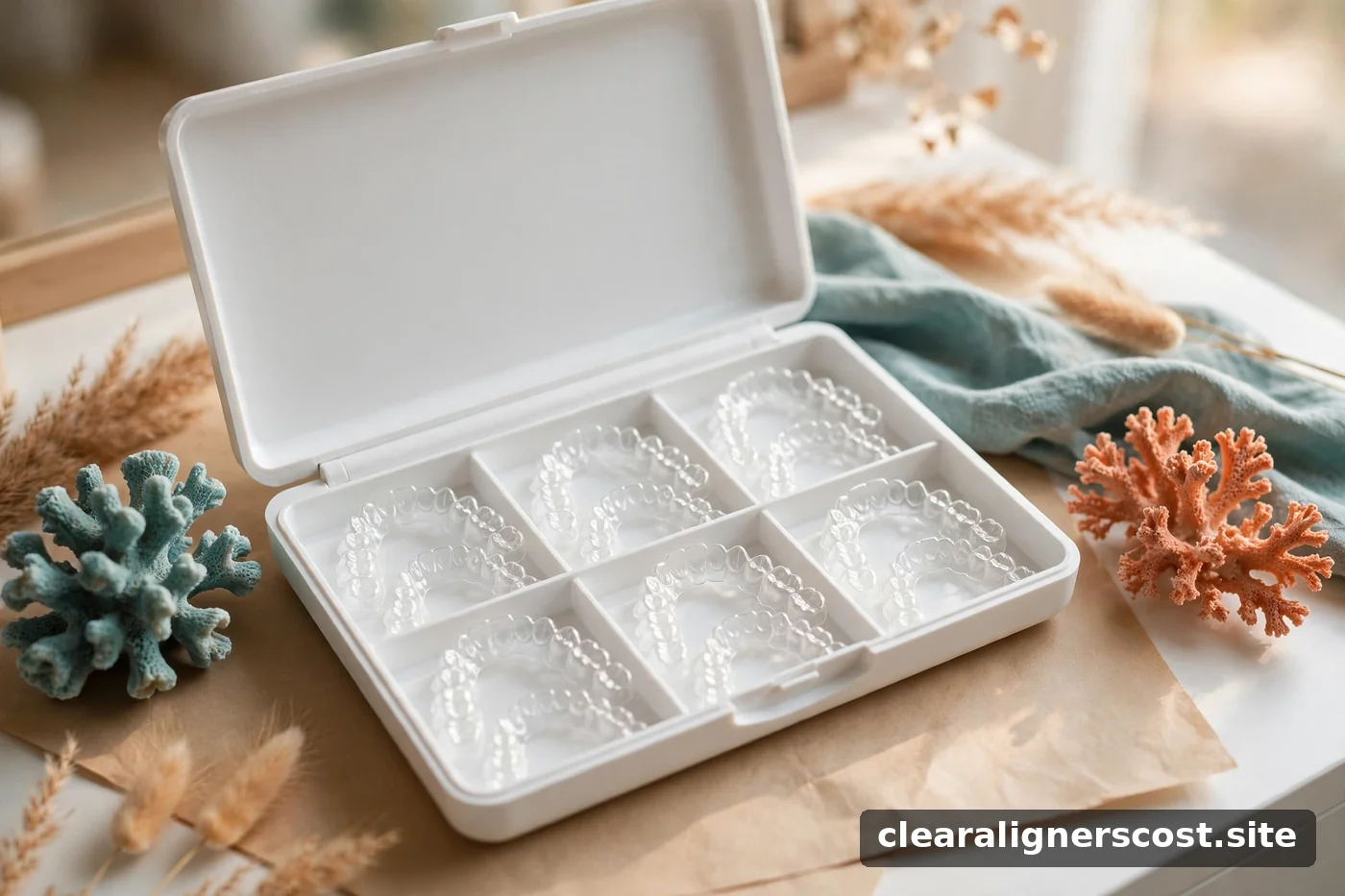 Clear aligner trays in an open case on a bright vanity table
