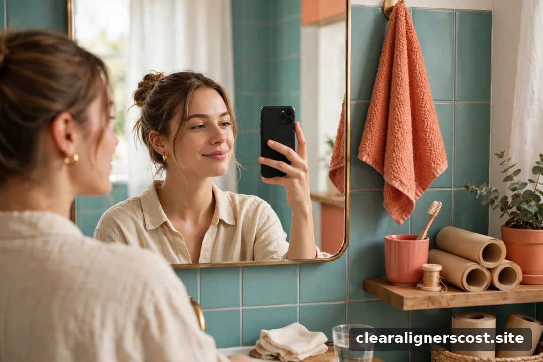 Person taking a photo of their smile with a phone for remote dental review