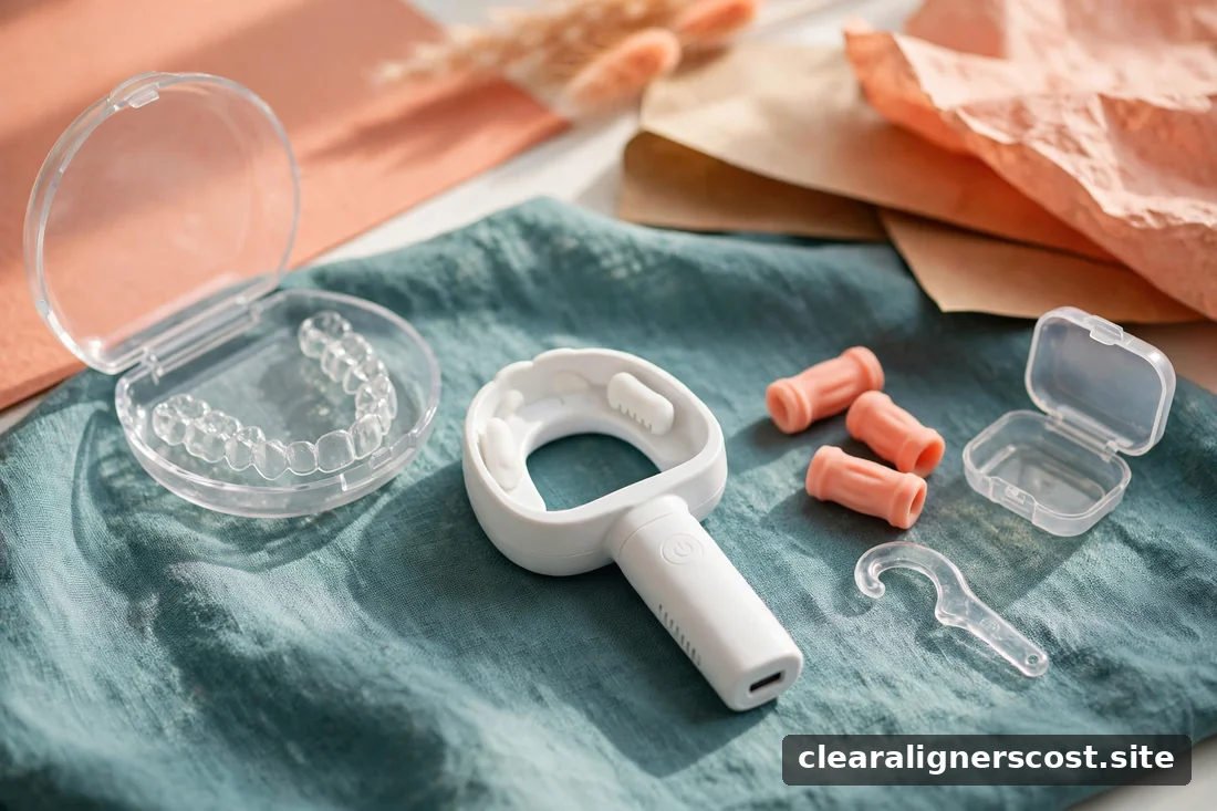 Small vibration device and aligner accessories arranged on a teal cloth