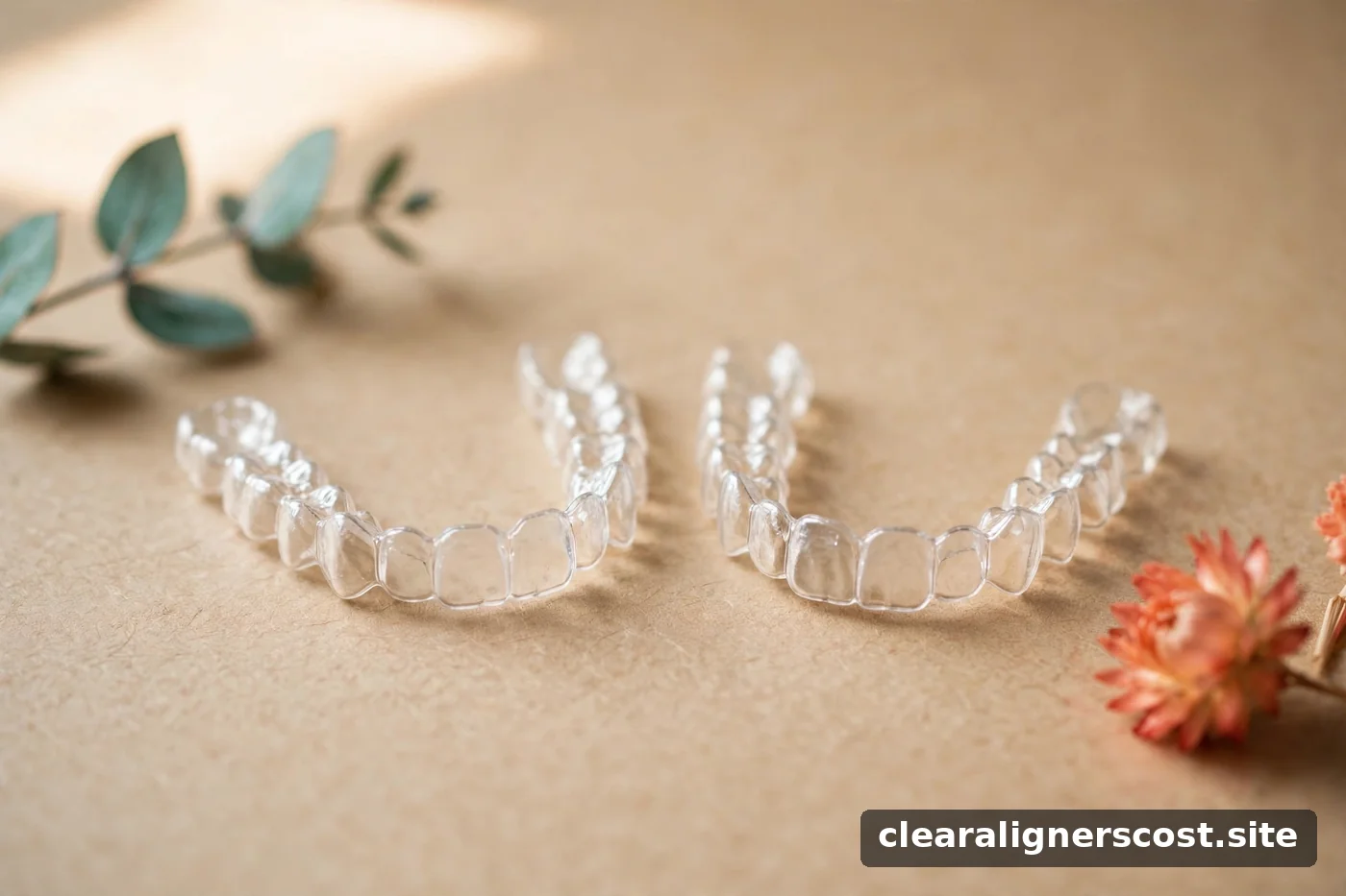 Two clear aligner trays side by side on a warm paper background