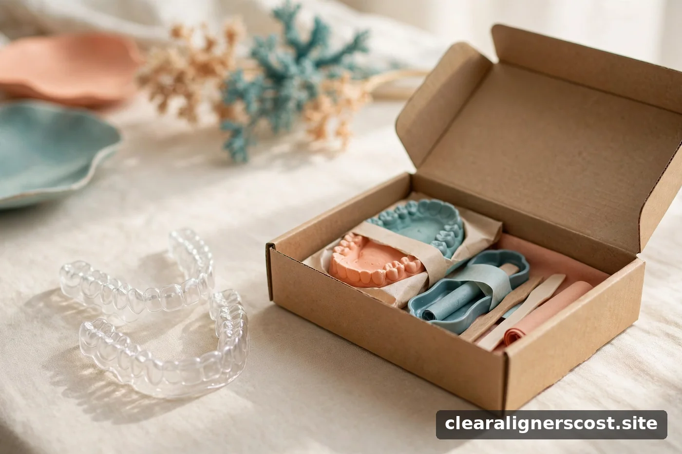 Clear aligner trays beside a dental impression kit box on a table