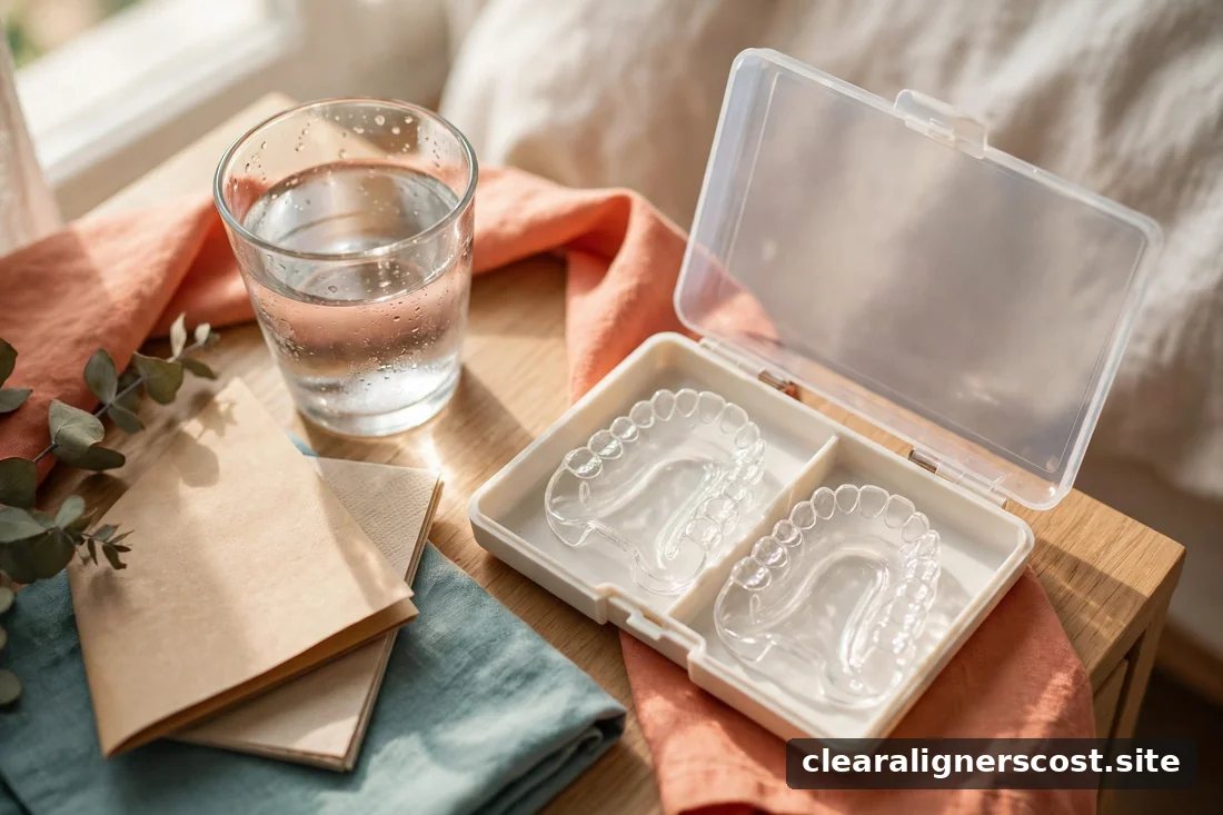 Clear retainer trays in a case next to a glass of water