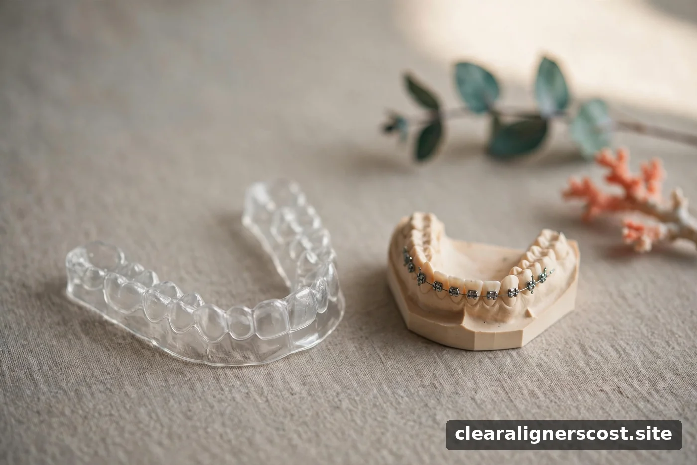 Clear aligner tray next to orthodontic braces model on a neutral background