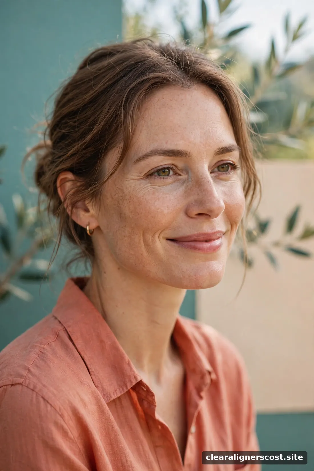 Smiling adult woman outdoors showing natural straight teeth