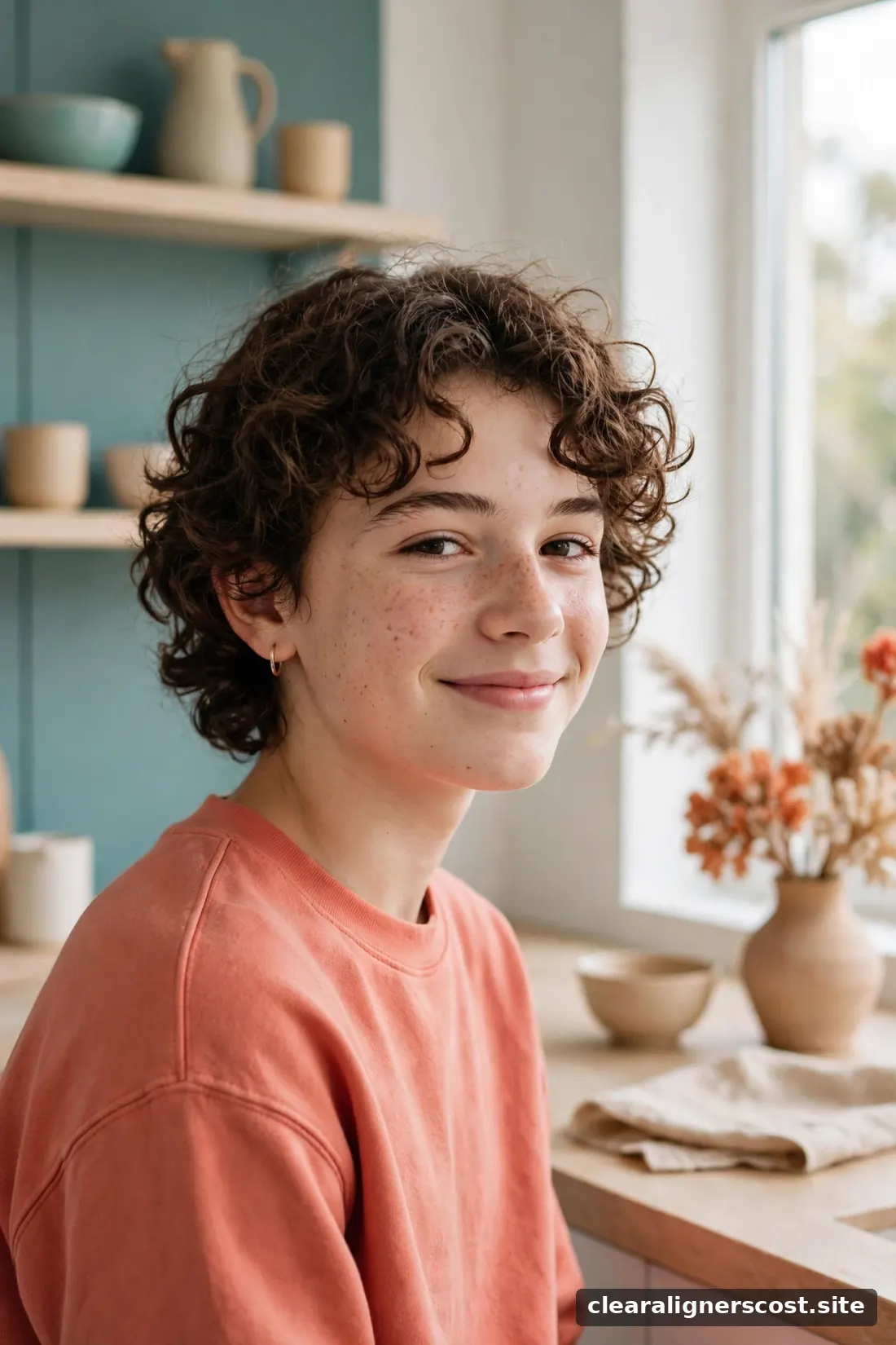 Teenager smiling in a bright kitchen, orthodontic treatment concept