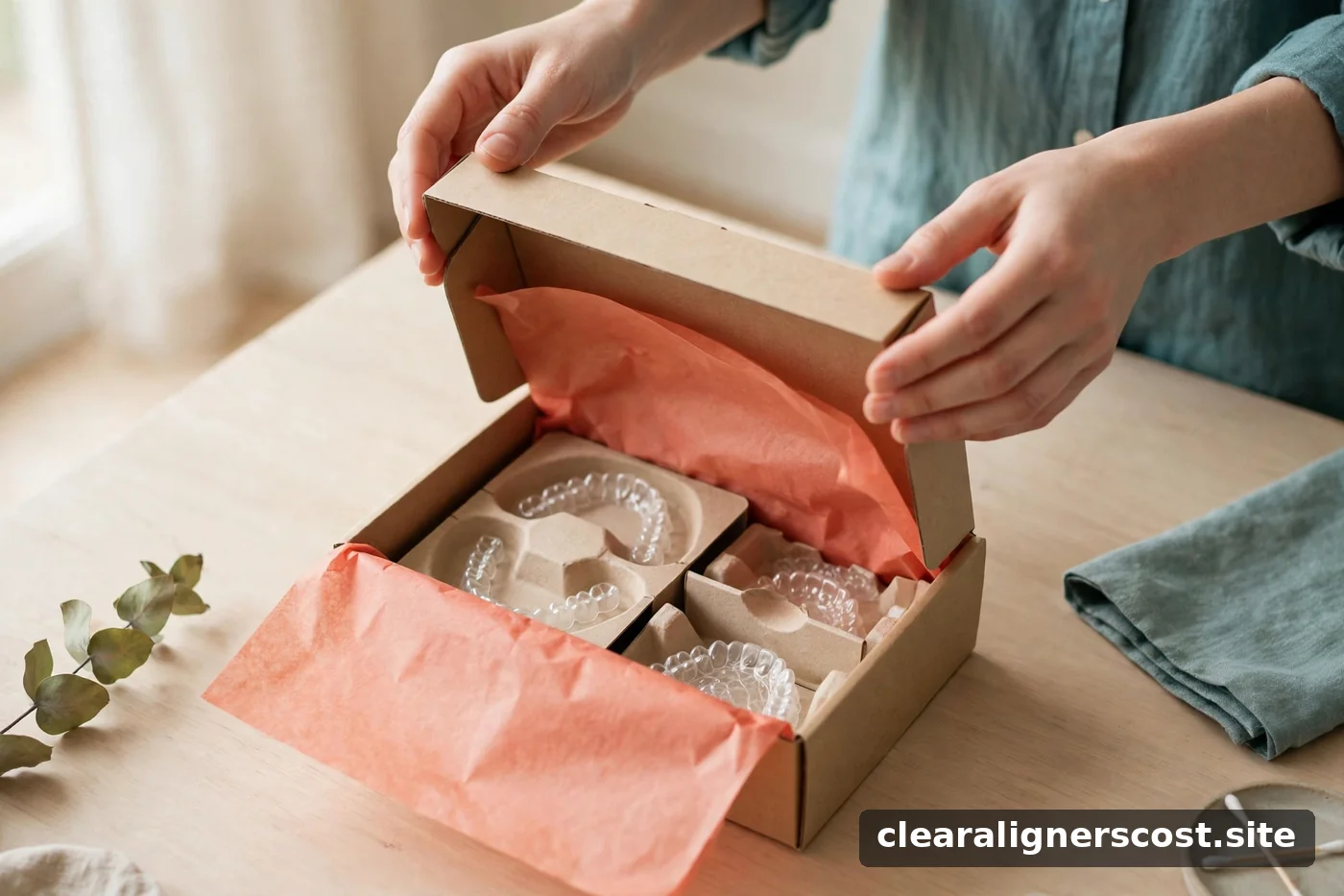 Person opening a delivered aligner kit box at home in warm daylight