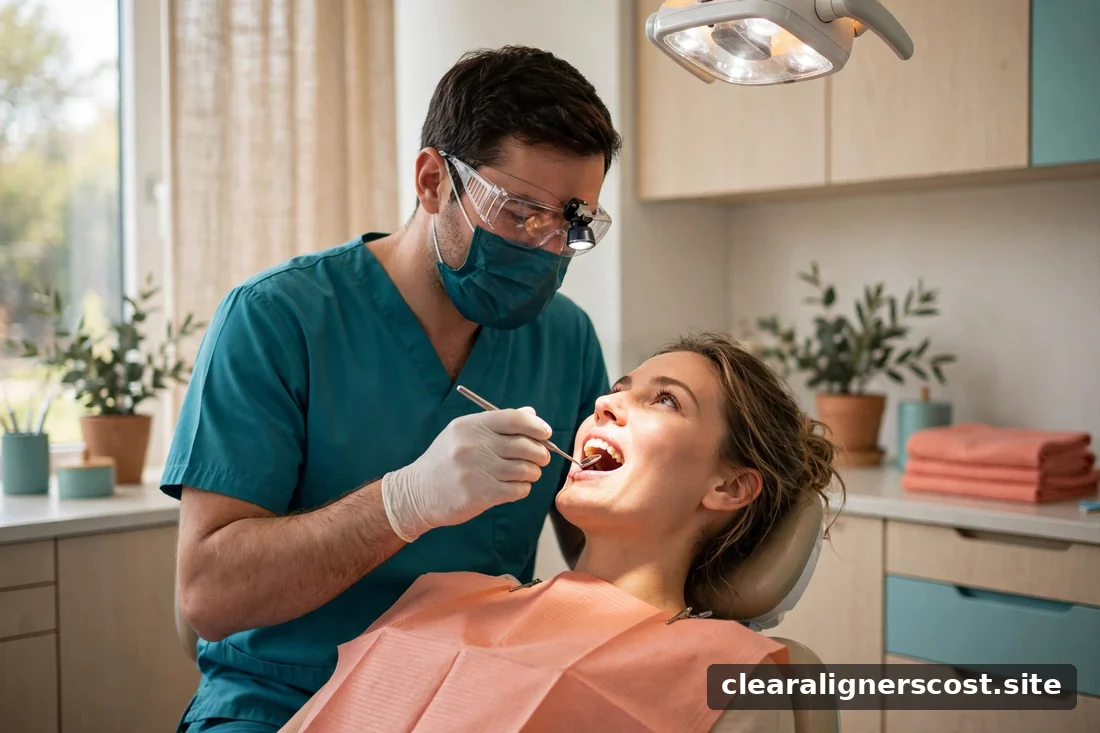 Dentist examining a patient's teeth with professional lighting in a clinic