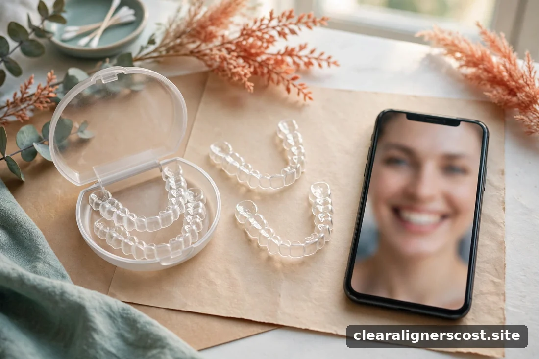 Clear aligner trays arranged next to a smartphone showing a smile photo