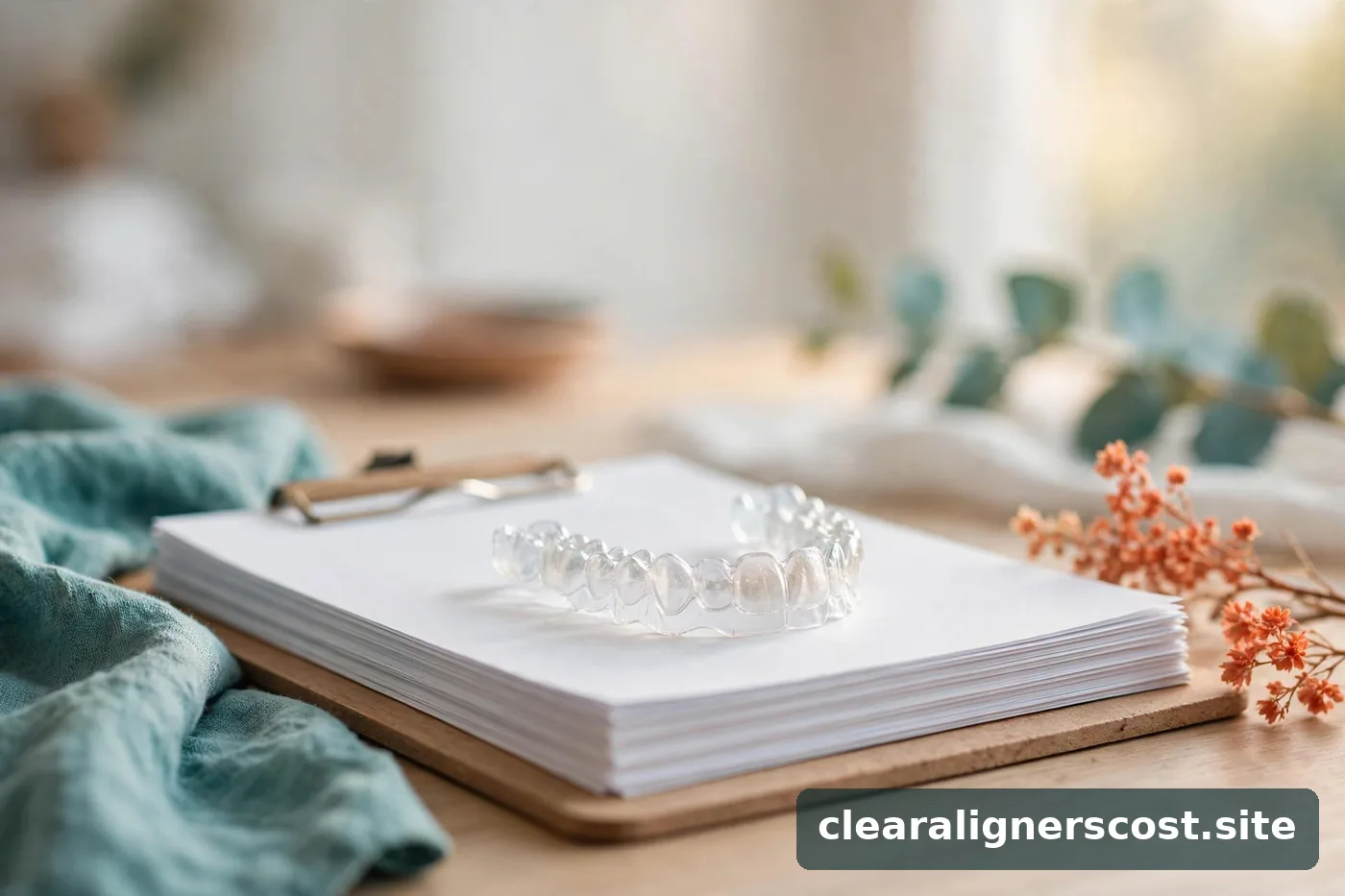 Clear aligner tray resting on dental insurance paperwork and a clipboard in warm daylight