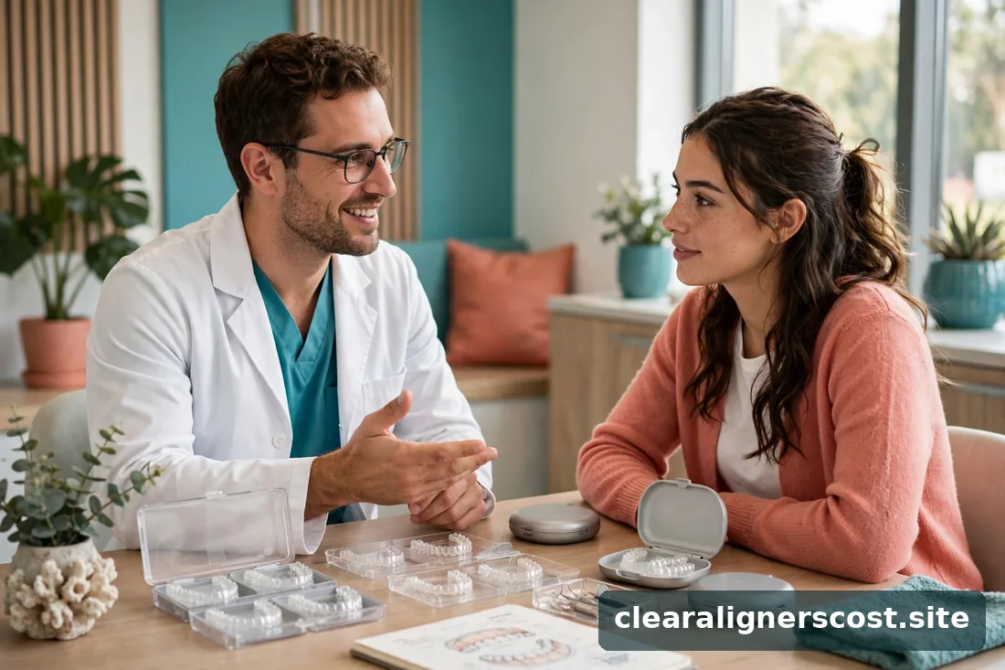 Orthodontist discussing a treatment plan with a patient at a clinic desk