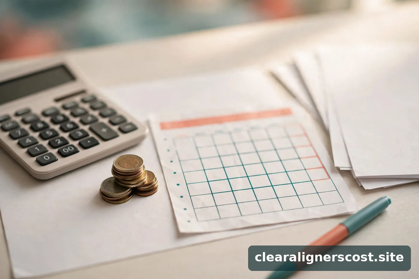 Calculator, coins and a monthly payment calendar on a desk beside finance documents