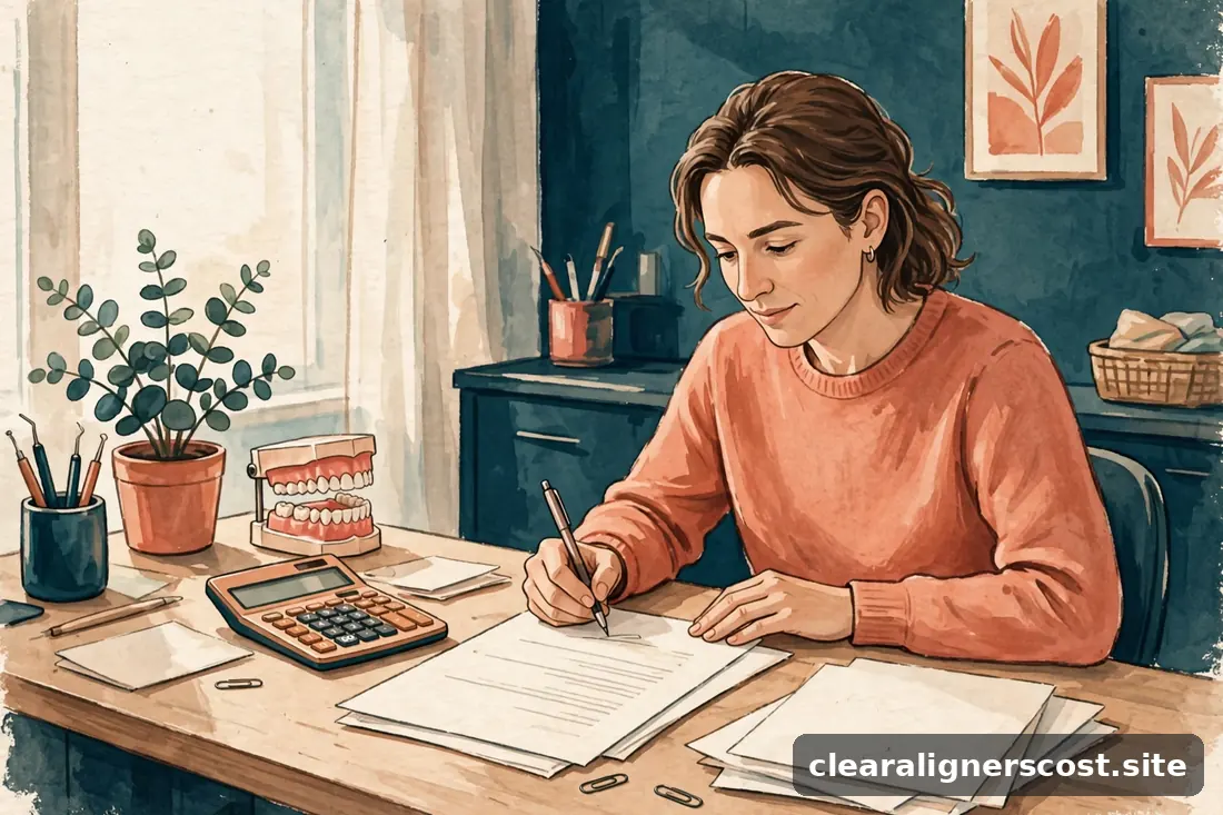 Patient signing a financing agreement with a pen at a dental office reception desk