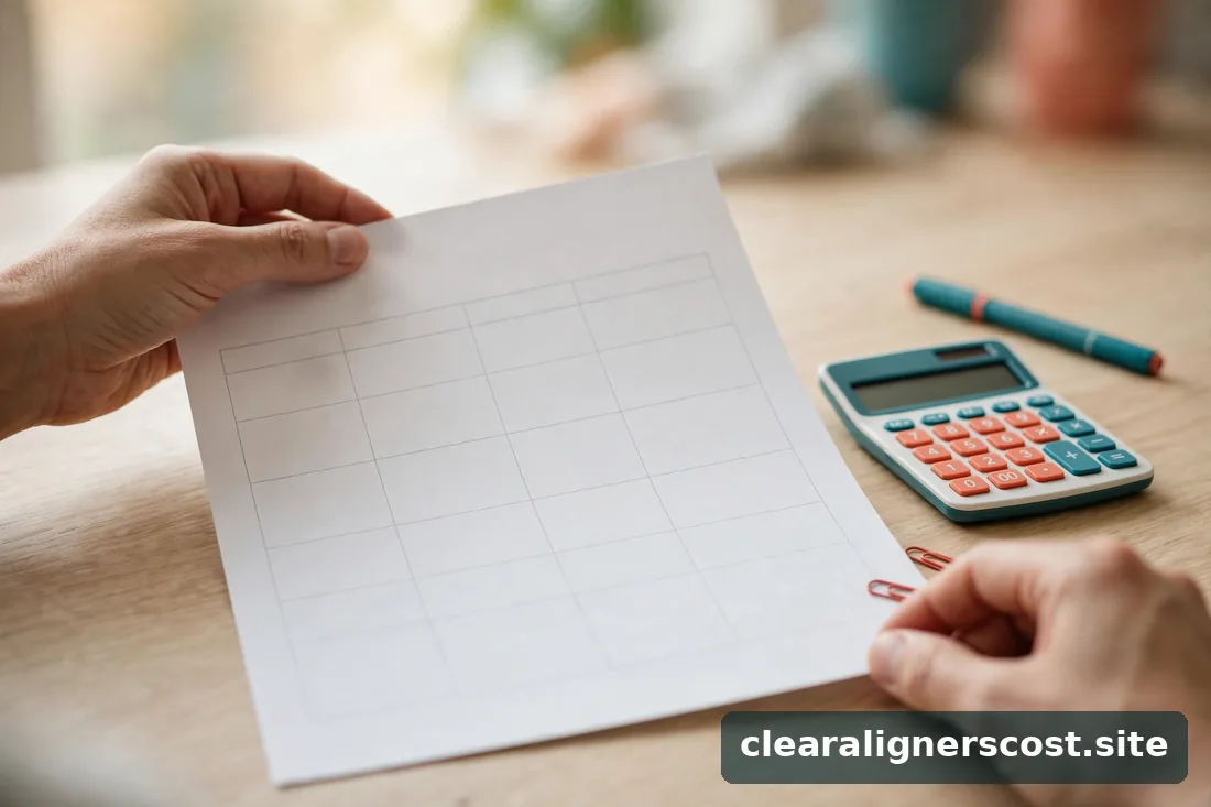 Hands reviewing a monthly payment plan printout with a calculator nearby