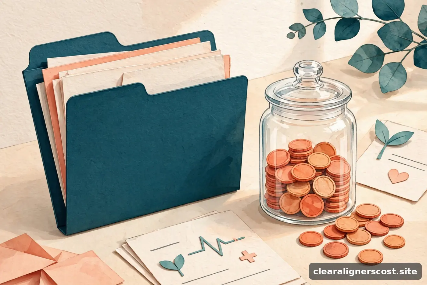 Benefits enrollment folder, glass savings jar with coins and healthcare cards on a desk