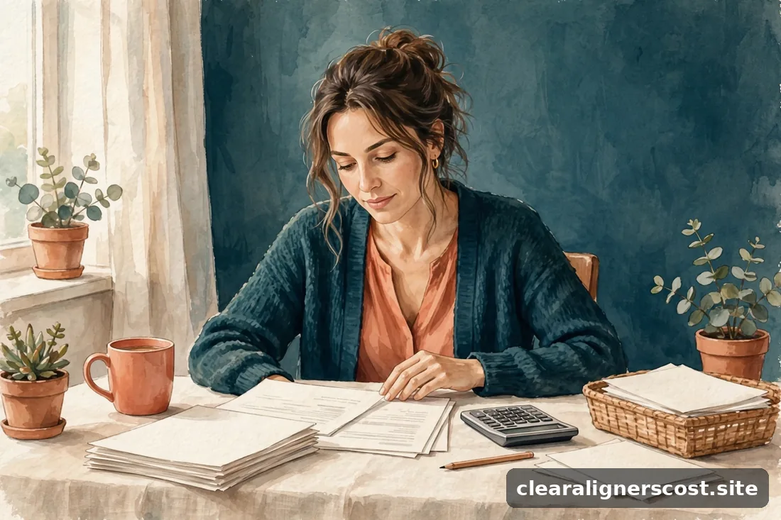 Woman reviewing health benefits paperwork at a kitchen table in morning light