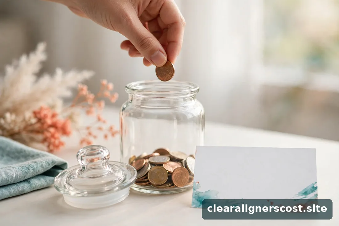 Hands placing coins into a glass savings jar beside a dental appointment card