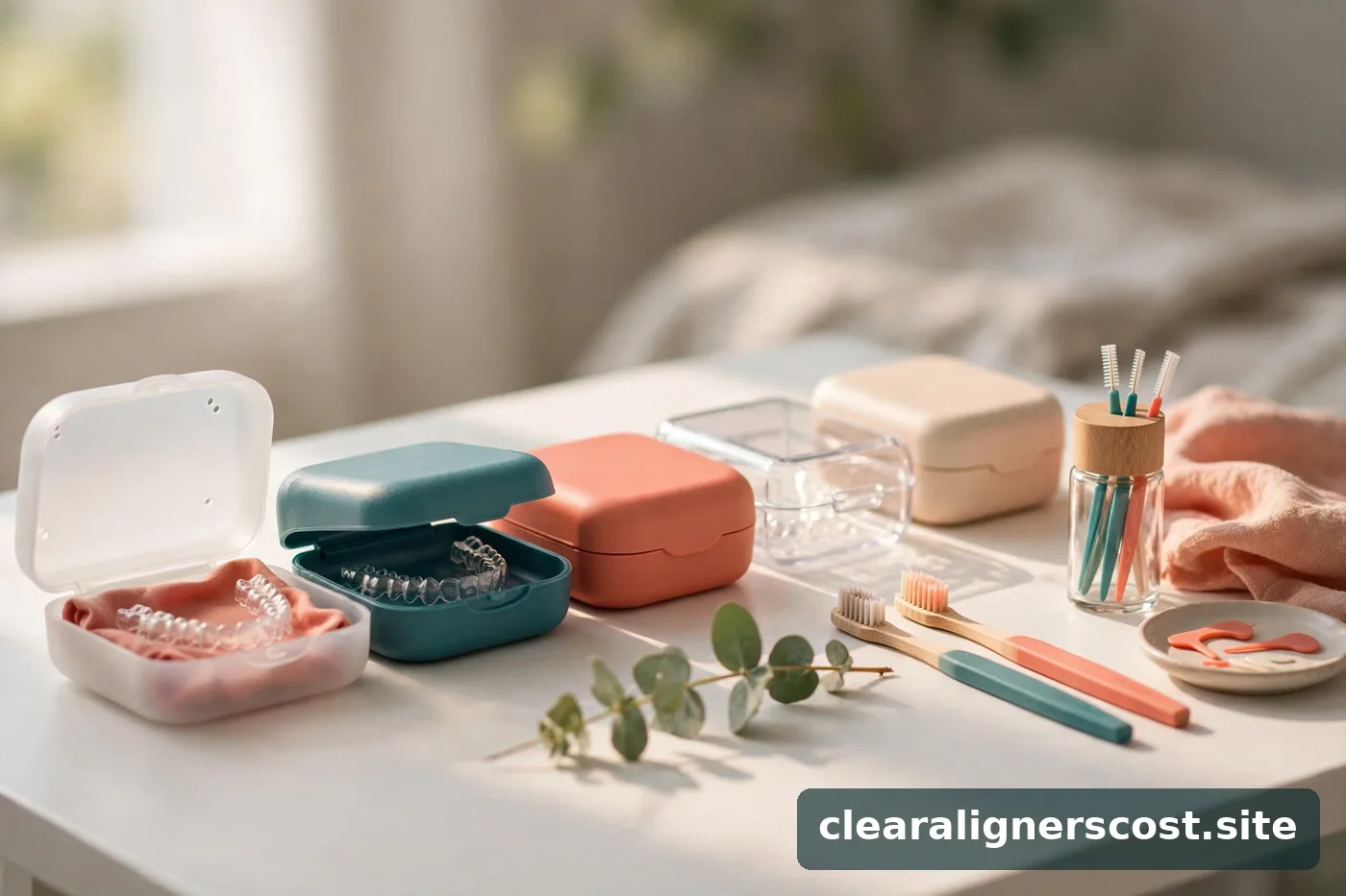Row of clear aligner storage cases and smile-care products on a white table