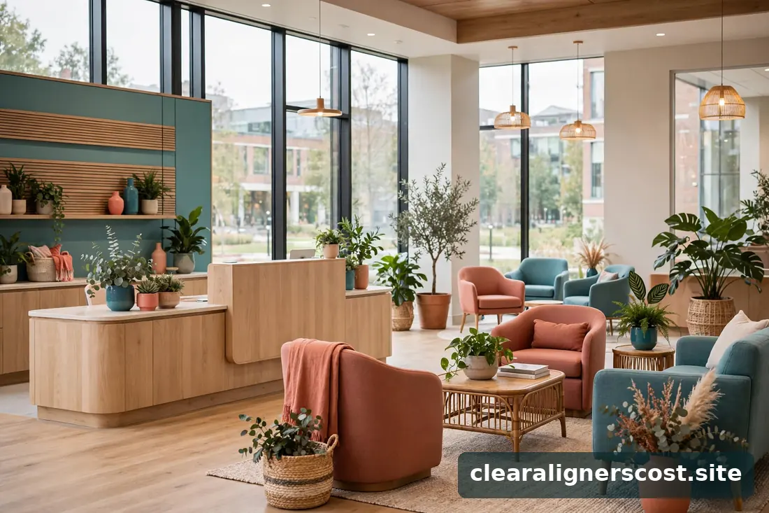Bright modern university dental clinic reception area with comfortable chairs