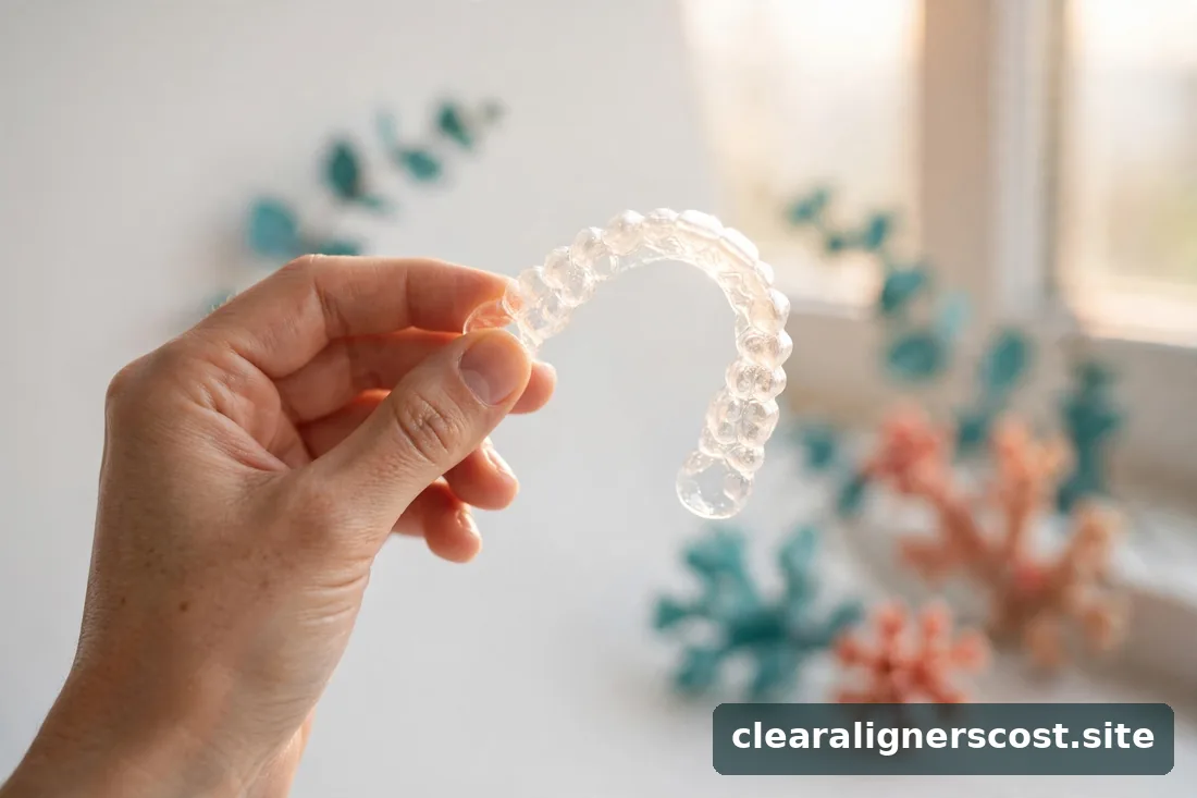 Hand holding a single clear dental aligner tray up to soft window daylight