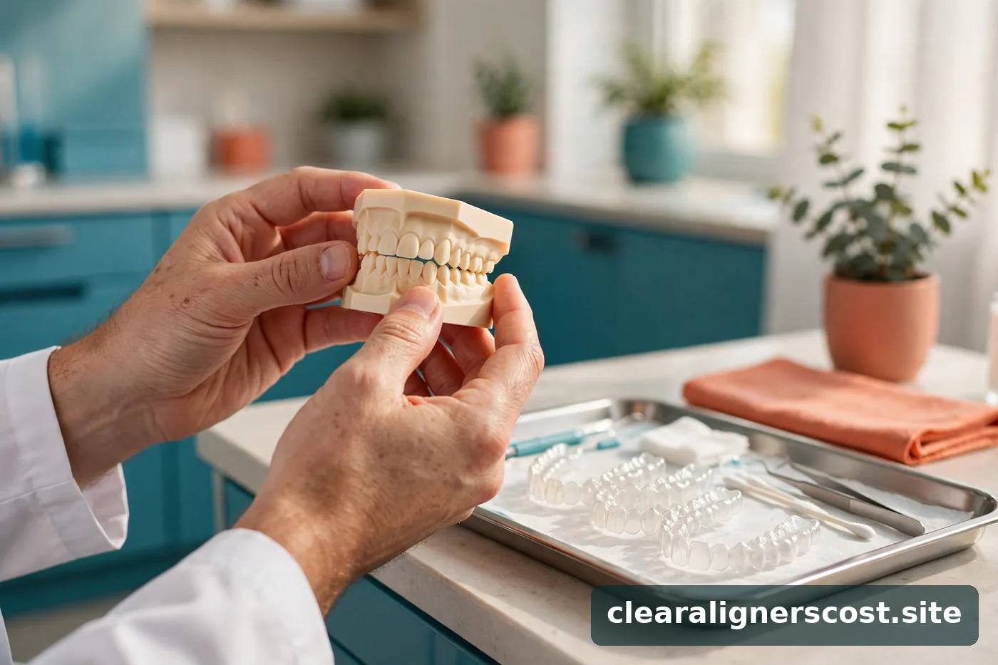 Orthodontist holding a 3D printed dental model with clear aligner trays on a clinical tray