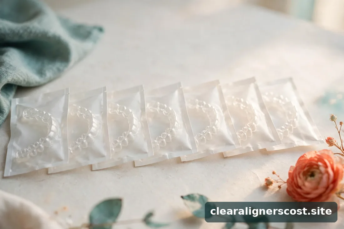 Clear aligner trays lined up in translucent packets on a light counter