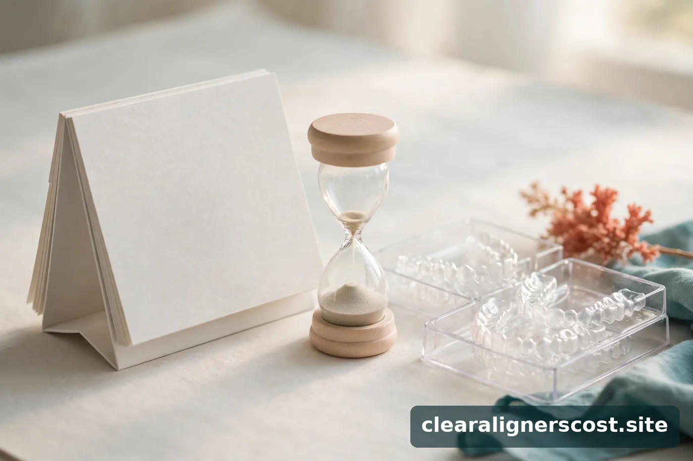 Abstract desk calendar with blank pages and an hourglass beside clear aligner trays