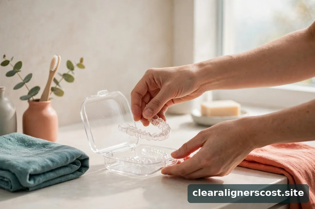 Hands placing a clear aligner tray into its case during a morning routine
