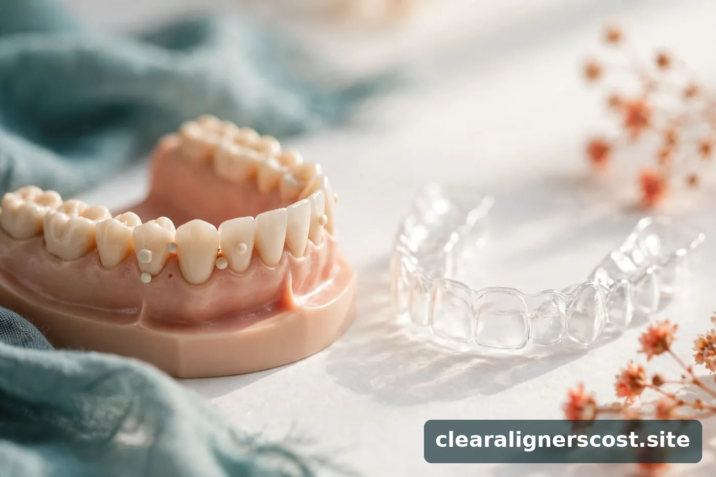 Tooth-colored dental model with tiny composite attachment dots beside a clear aligner tray
