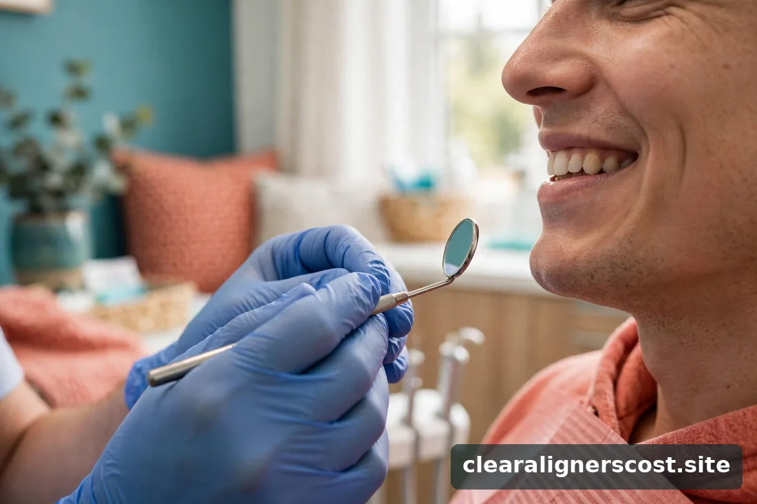 Orthodontist's gloved hands holding a dental mirror near a patient's smile in a bright clinic