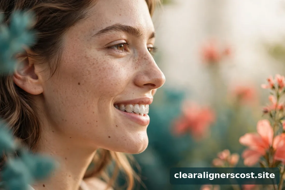 Close-up side profile of a person smiling with a clear aligner faintly visible on teeth