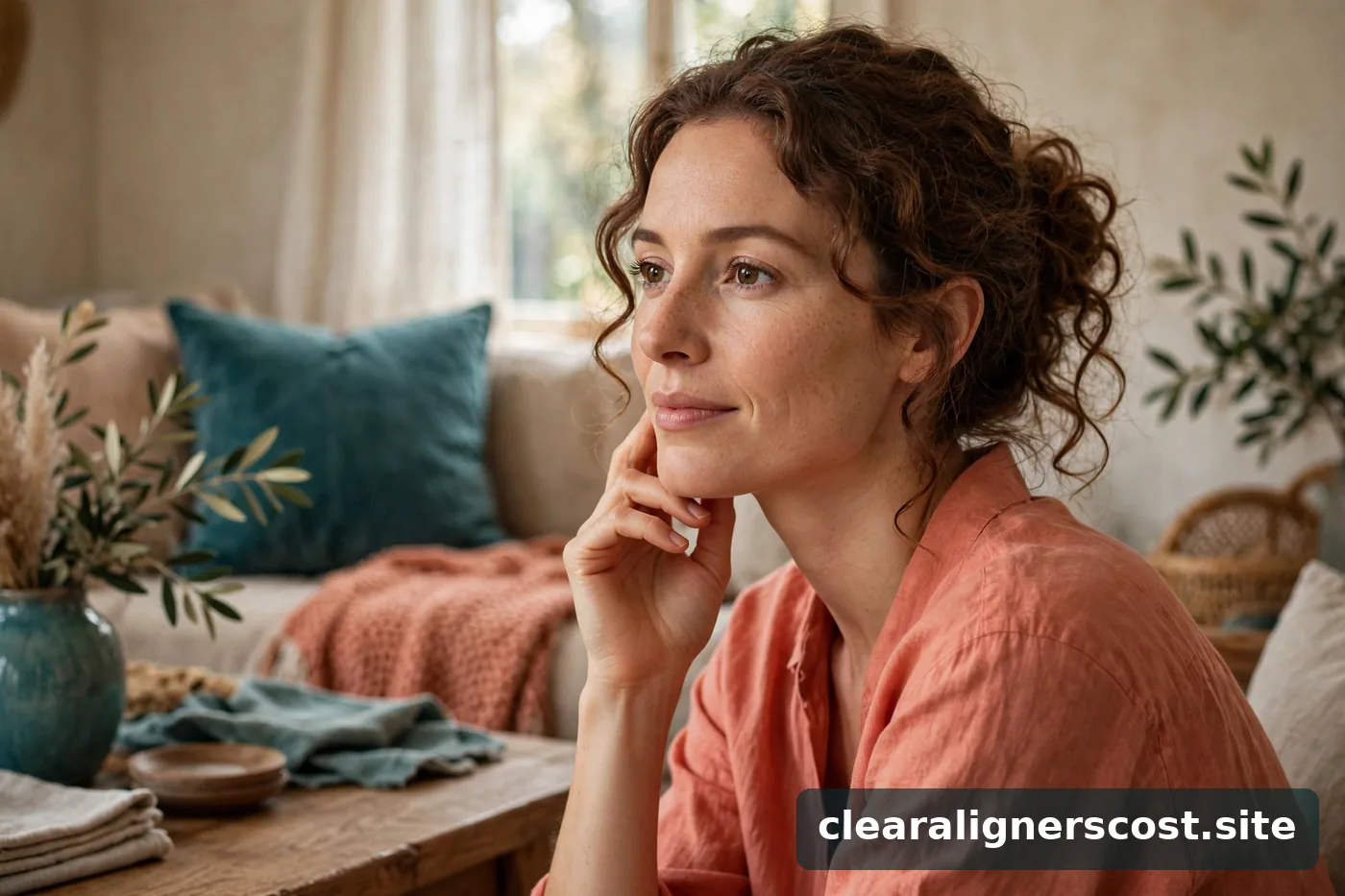 Woman gently resting her hand near her jaw with a calm expression in soft daylight