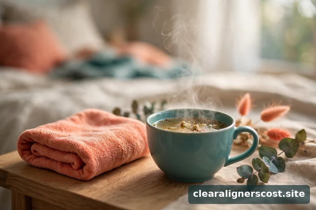 Folded warm compress cloth and a cup of herbal tea on a bedside table