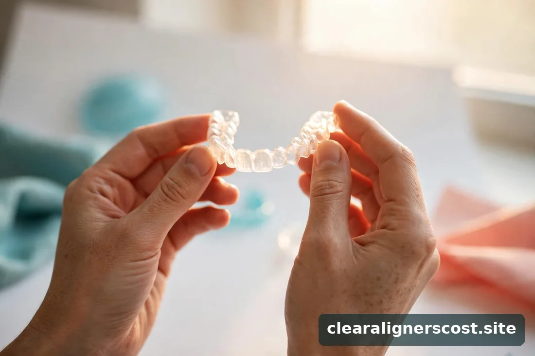 Hands holding a new clear aligner tray up to soft window light