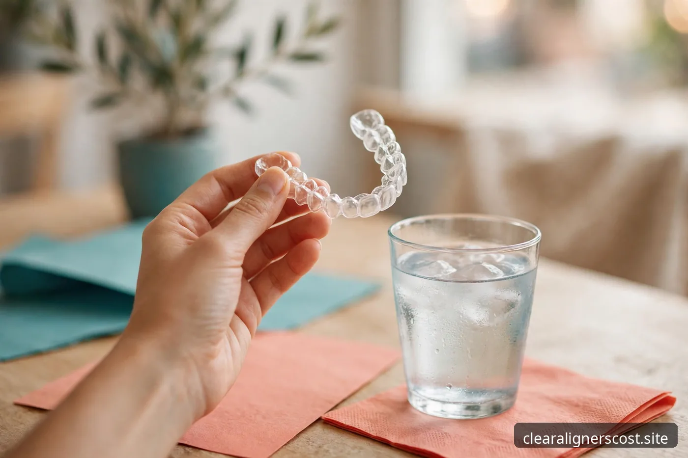 Clear aligner tray held beside a glass of water on a bright café table
