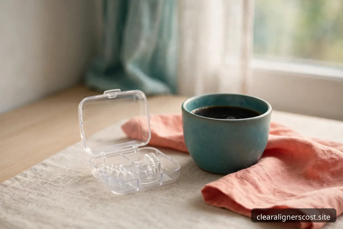 Clear aligner storage case next to a coffee cup on a kitchen counter