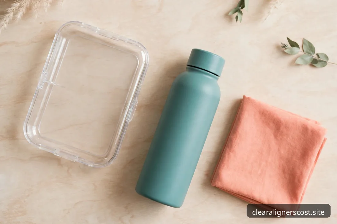 Aligner trays in a travel case with a reusable water bottle, ready for a day out