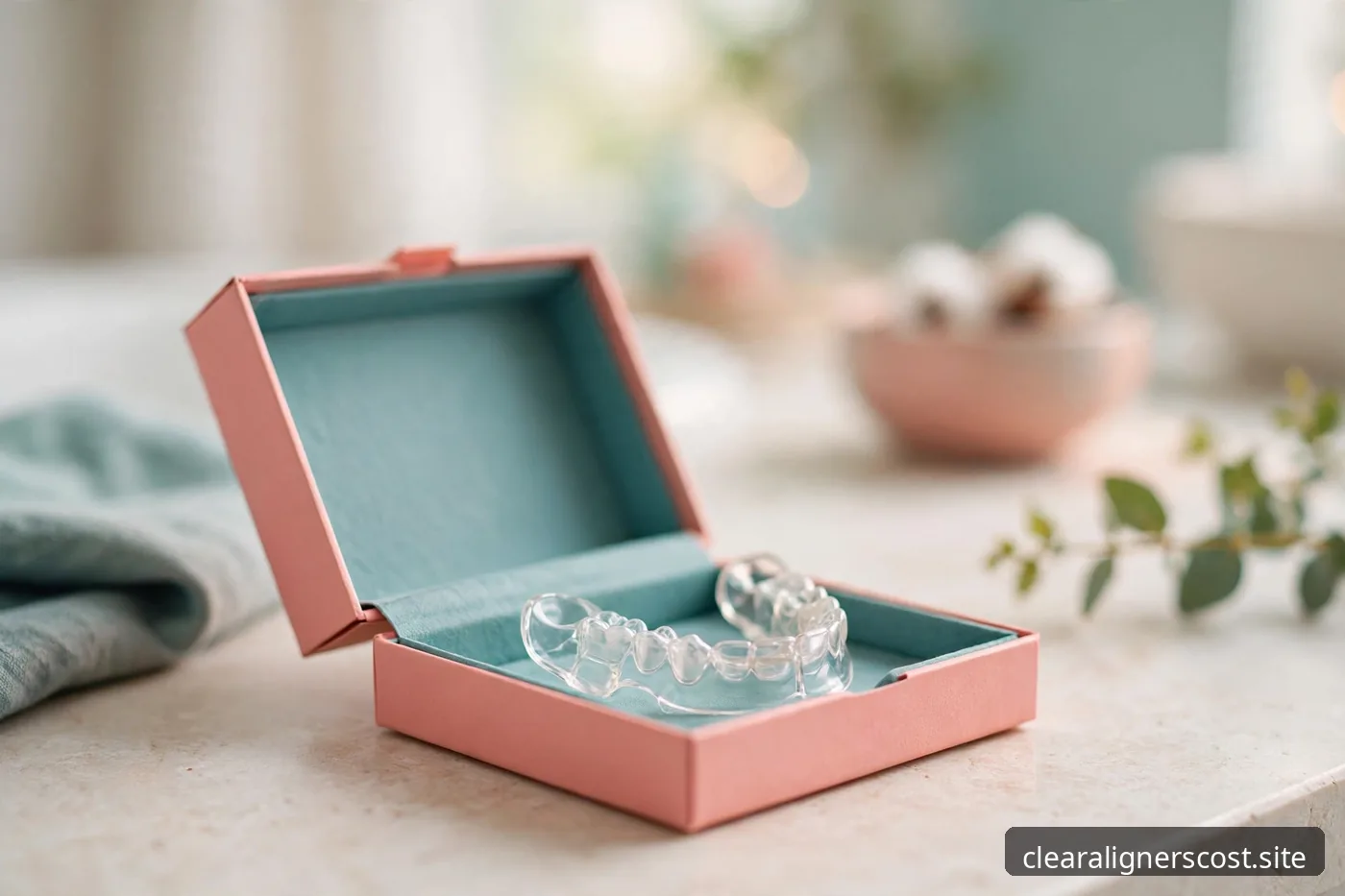 Clear retainer in its storage case on a bright bathroom counter