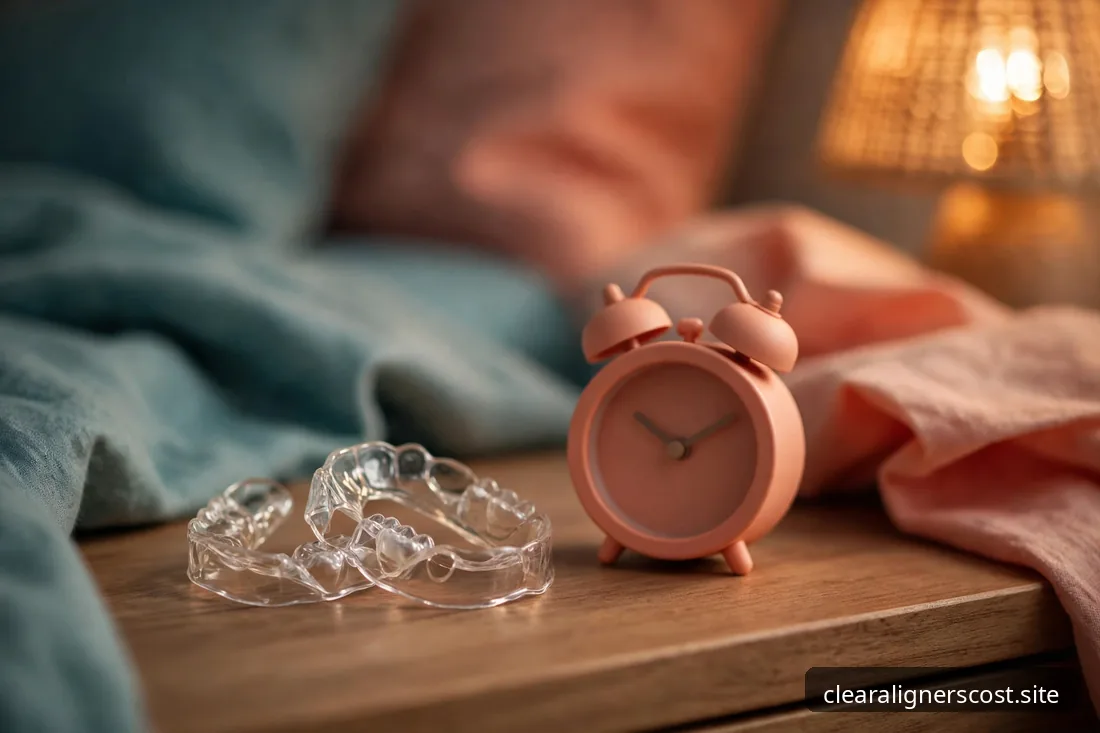 Clear retainers resting beside a bedside alarm clock on a nightstand
