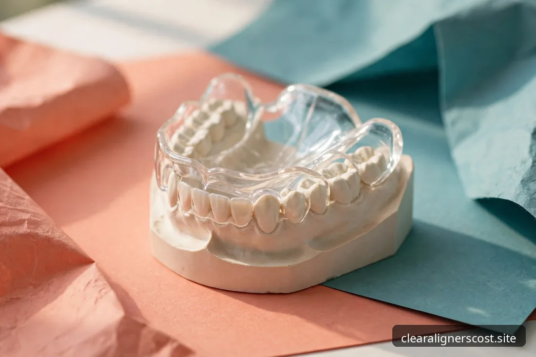 Dental model wearing a clear retainer, photographed in soft daylight