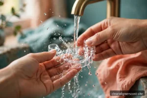 Hands gently rinsing a clear aligner tray under a bathroom tap in soft daylight