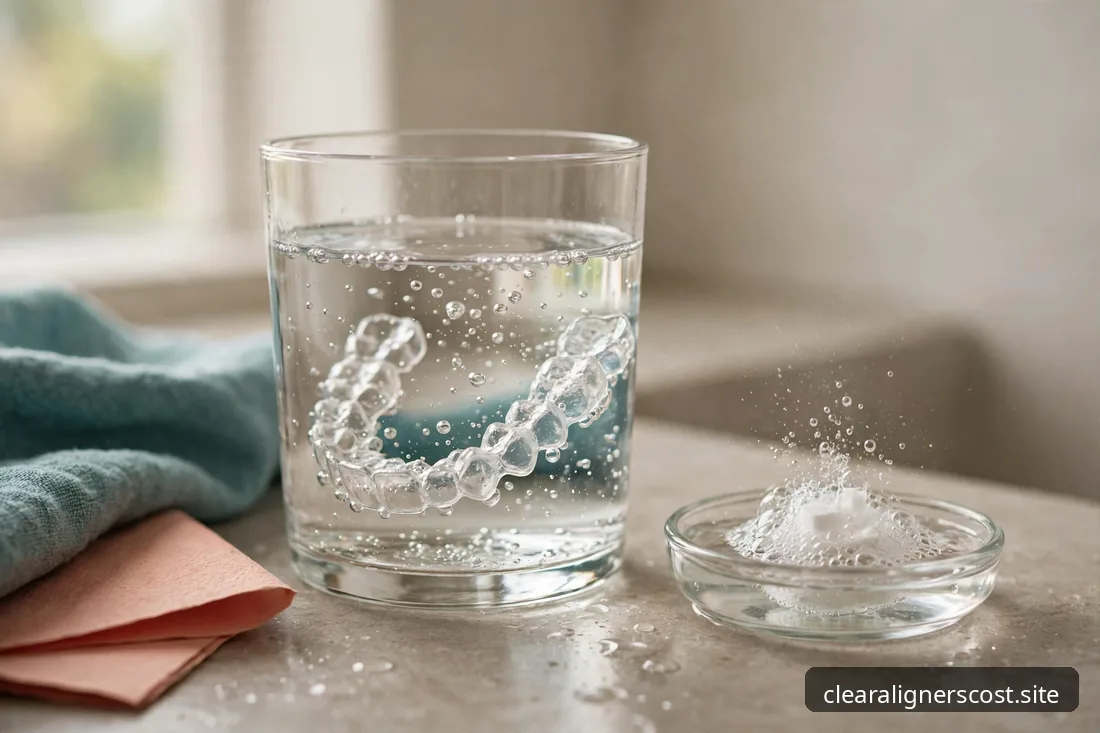 Clear aligner soaking in a glass of water with a cleaning tablet beside it