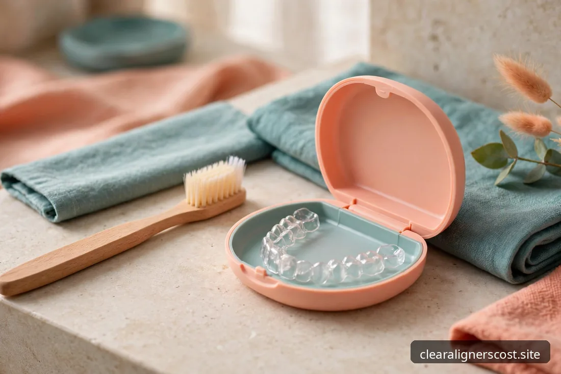 Soft toothbrush and clear aligner case arranged on a bathroom counter