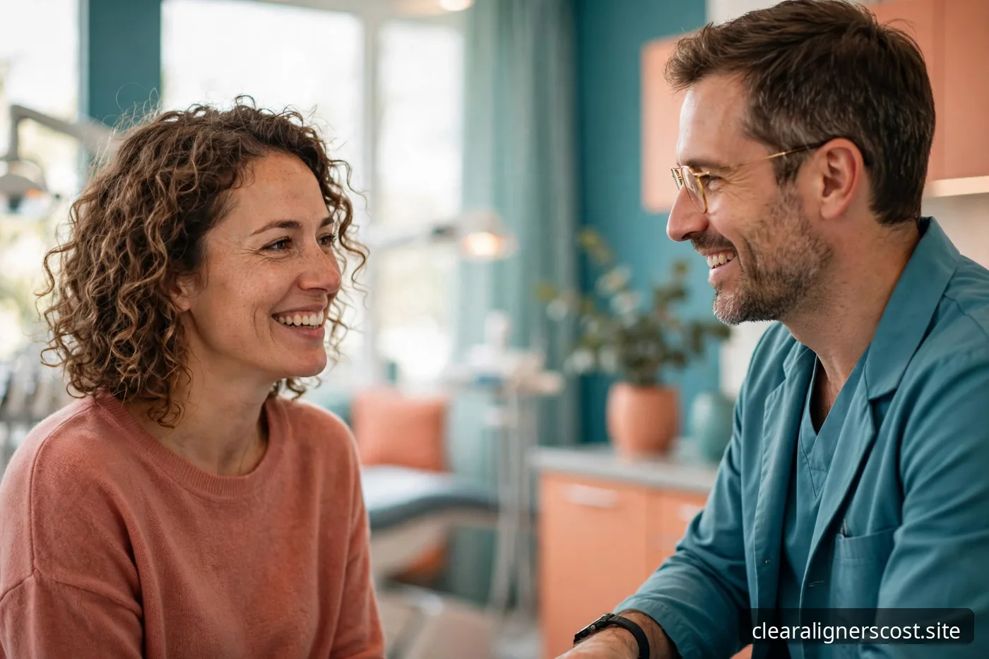 Patient smiling during a consultation with an orthodontist in a bright modern clinic