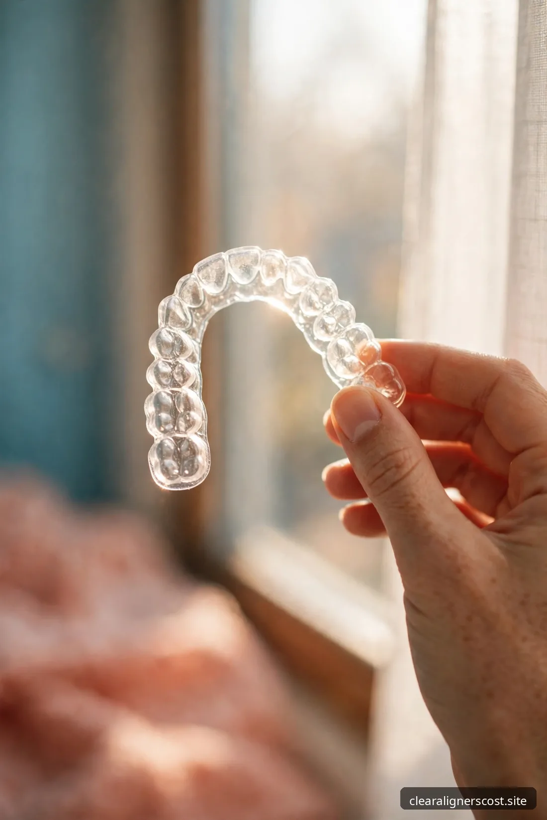 Clear aligner tray held up to soft daylight showing its transparent shape